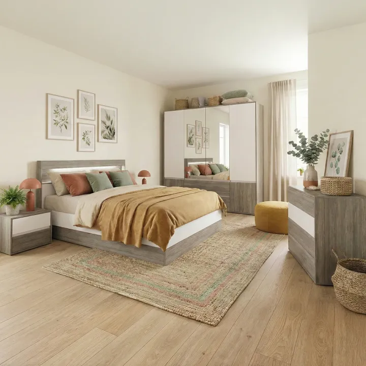 Camera da letto completa matrimoniale con LED rovere scuro bianco opaco Garonna