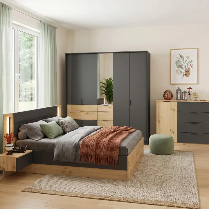 Camera da letto matrimoniale completa moderna rovere rustico e antracite Stephy