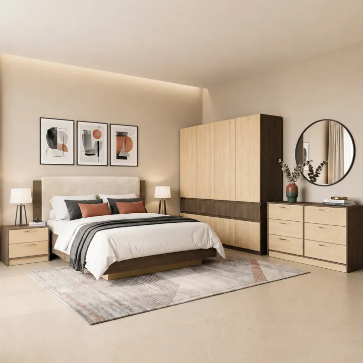 Camera da letto matrimoniale completa rovere chiaro e rovere scuro Pitigliano