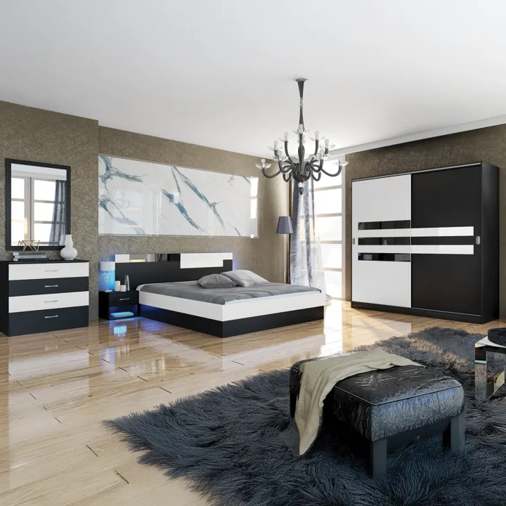 Camera da letto moderna completa matrimoniale nero bianco lucido Dallas
