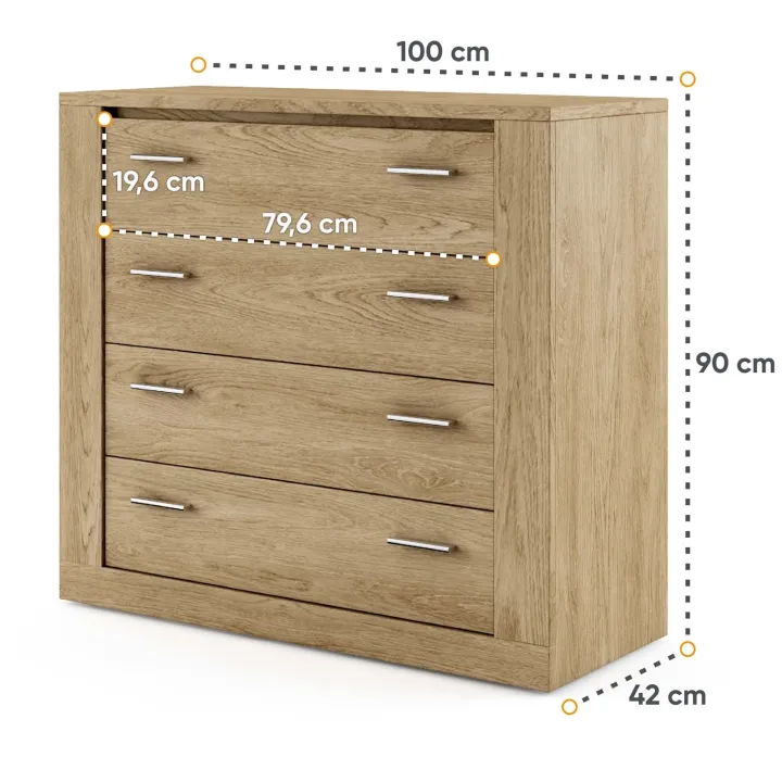 Cassettiera moderna 100x90h cm 4 cassetti rovere rustico Ombra