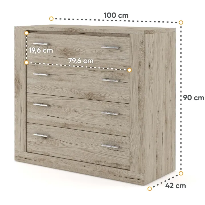 Cassettiera moderna 100x90h cm 4 cassetti rovere Ombra