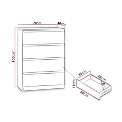 Cassettiera 70x100h cm 4 cassetti moderna bianco Rotterdam