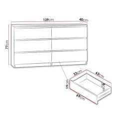 Cassettiera 139x77h cm 6 cassetti moderna bianco Rotterdam