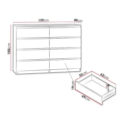 Cassettiera 139x100h cm 8 cassetti moderna bianco Rotterdam