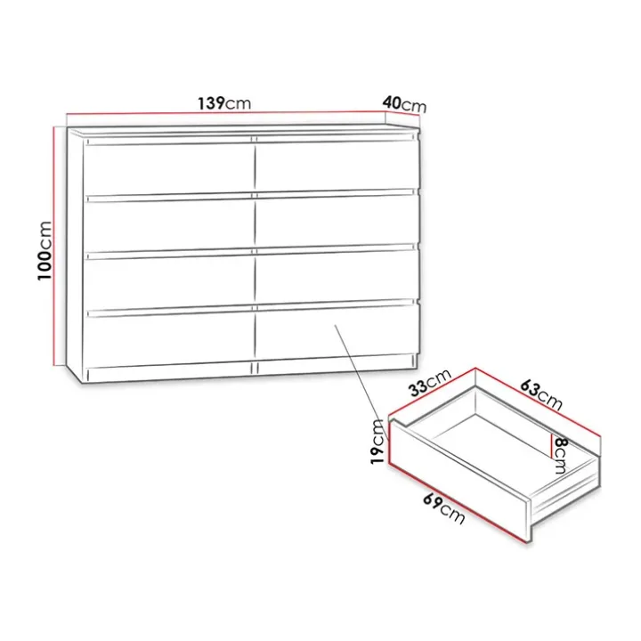 Cassettiera 139x100h cm 8 cassetti moderna rovere Rotterdam