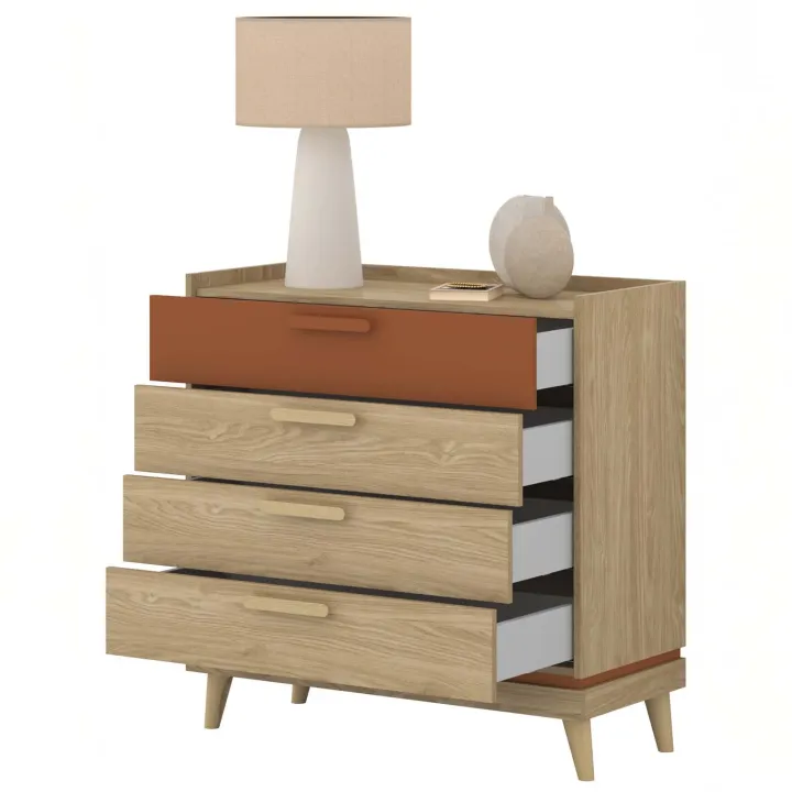 Cassettiera 90x90h cm 4 cassetti rovere rosso mattone Yu