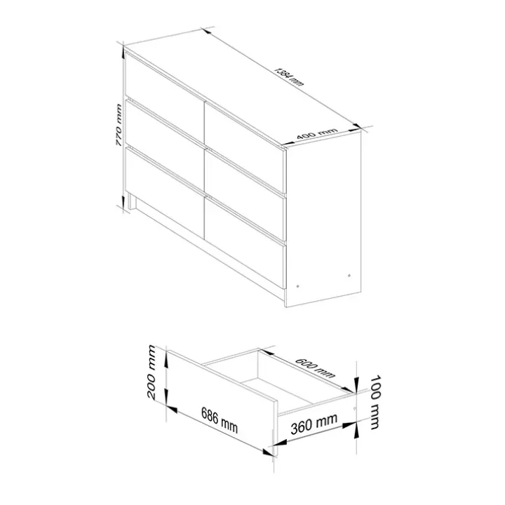 Cassettiera 140x77h cm moderna 6 cassetti rovere Living