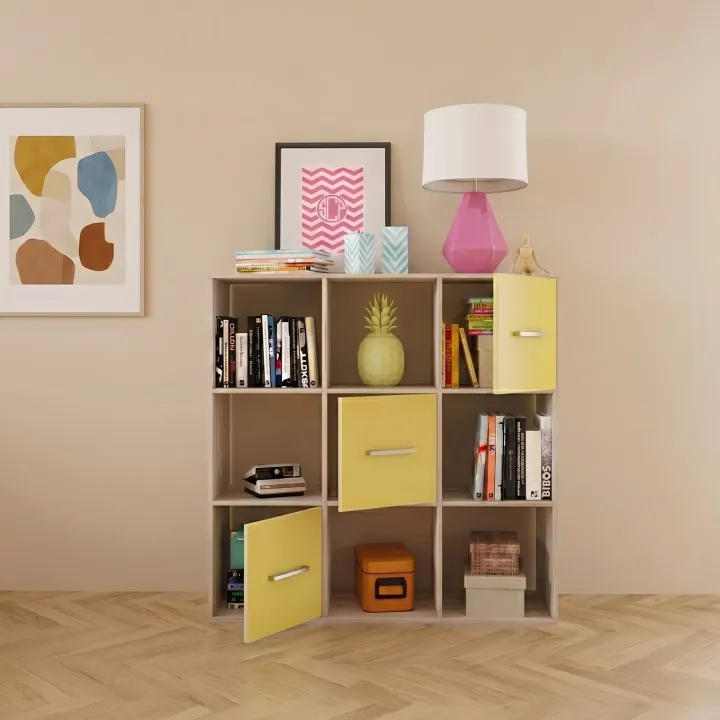 Comò libreria 122x122h cm con cassetti e vani a vista bianco frassinato giallo Bra