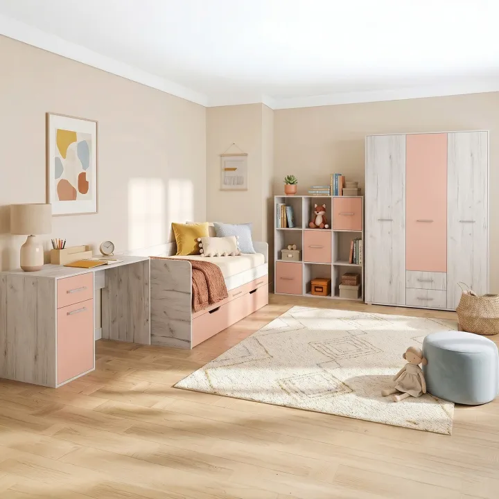 Comò libreria 122x122h cm con cassetti e vani a vista bianco frassinato rosa Bra