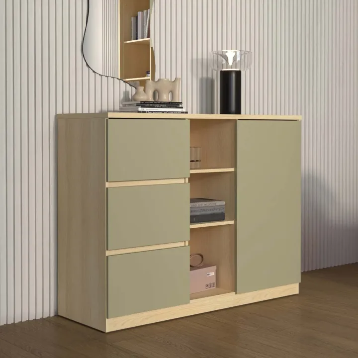Comò 120x93h cm 1 anta 3 cassetti 3 vani a vista verde salvia rovere Elvira