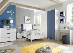 Comò 104x80h cm 3 cassetti con maniglie blu moderno bianco Enjoy