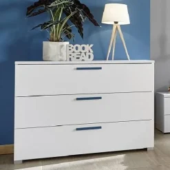 Comò 104x80h cm 3 cassetti con maniglie blu moderno bianco Enjoy