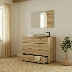 Comò 80x80h cm 4 cassetti con specchio moderno quercia Tamika