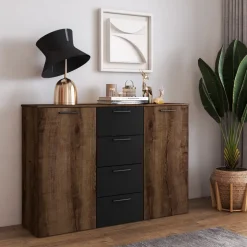 Comò 132x93h cm moderno rovere scuro nero Lisbona Gihome®