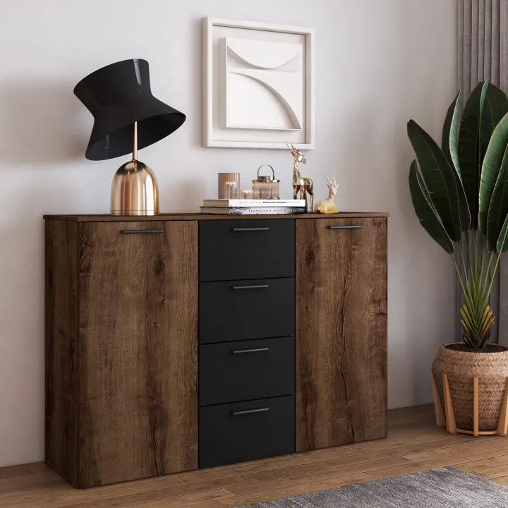 Comò 132x93h cm moderno rovere scuro nero Lisbona Gihome®