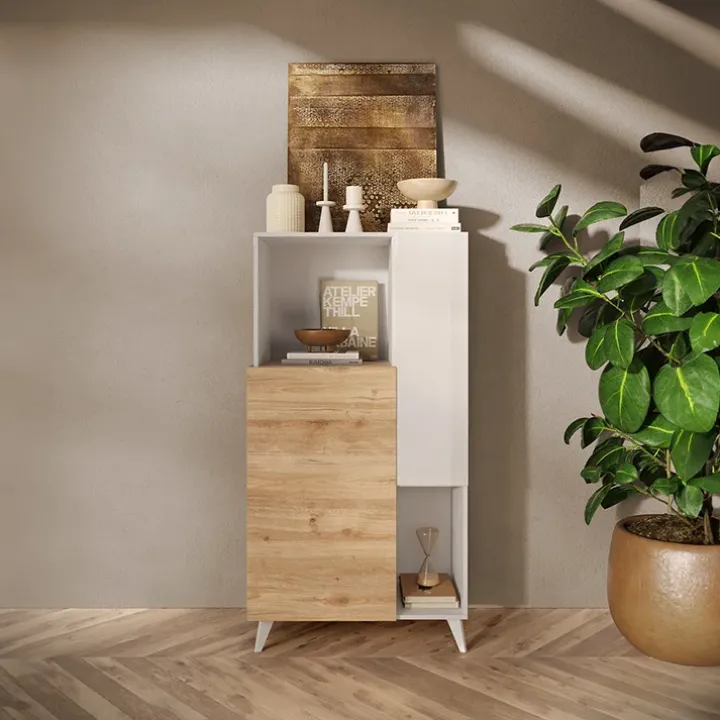 Credenza alta 81x154h cm 2 ante bianco lucido rovere chiaro Witty