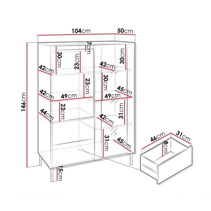 Credenza alta 104x146h cm 2 ante 2 cassetti design cannettato bianco Strike