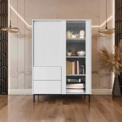Credenza alta 104x146h cm 2 ante 2 cassetti design cannettato bianco Strike