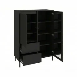 Credenza alta 104x146h cm 2 ante 2 cassetti design cannettato nero Strike
