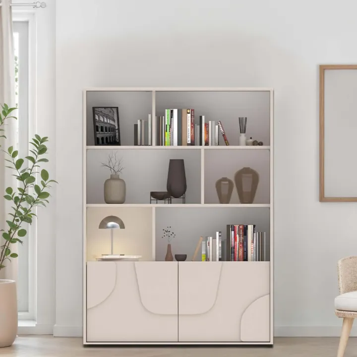 Credenza alta 105x141h cm 2 ante con vani a vista design in rilievo beige cashmere Sonia