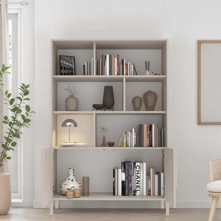 Credenza alta 105x155h cm 2 ante con vani a vista design in rilievo con piedini beige cashmere Sonia