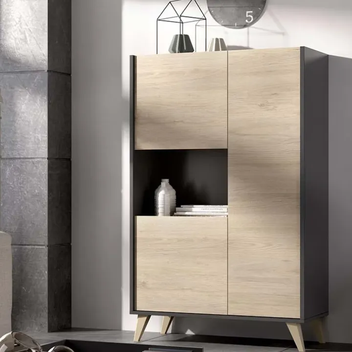 Credenza alta 81x135h cm 3 ante moderna rovere grafite Elmer