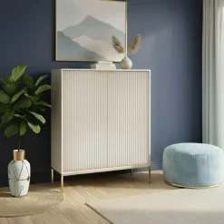 Credenza alta 104x125h cm 2 ante soggiorno beige cannettato oro Alisa