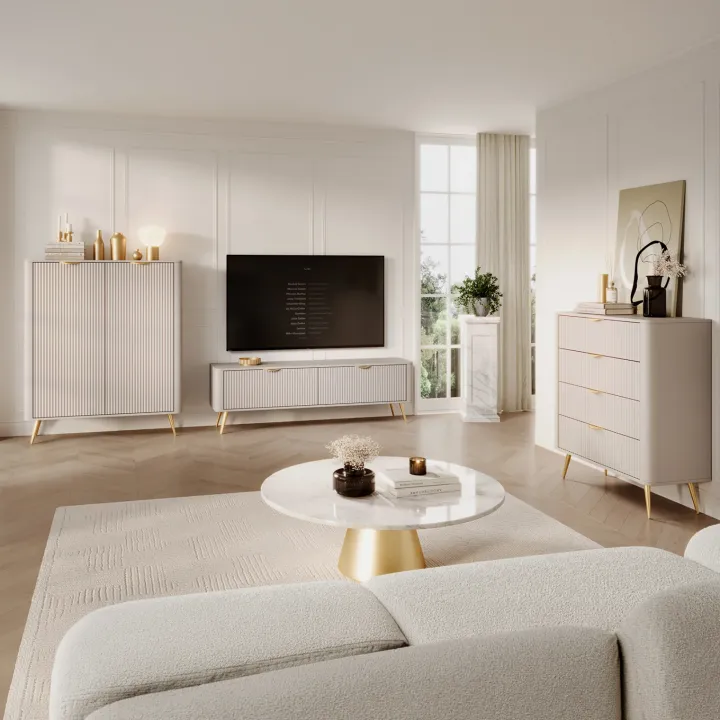 Credenza alta 113x134h cm 2 ante soggiorno beige cannettato Ramis