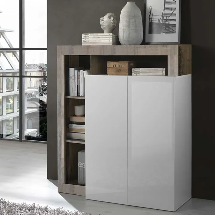 Credenza alta 108x126h cm 2 ante soggiorno bianco lucido pero Invictus
