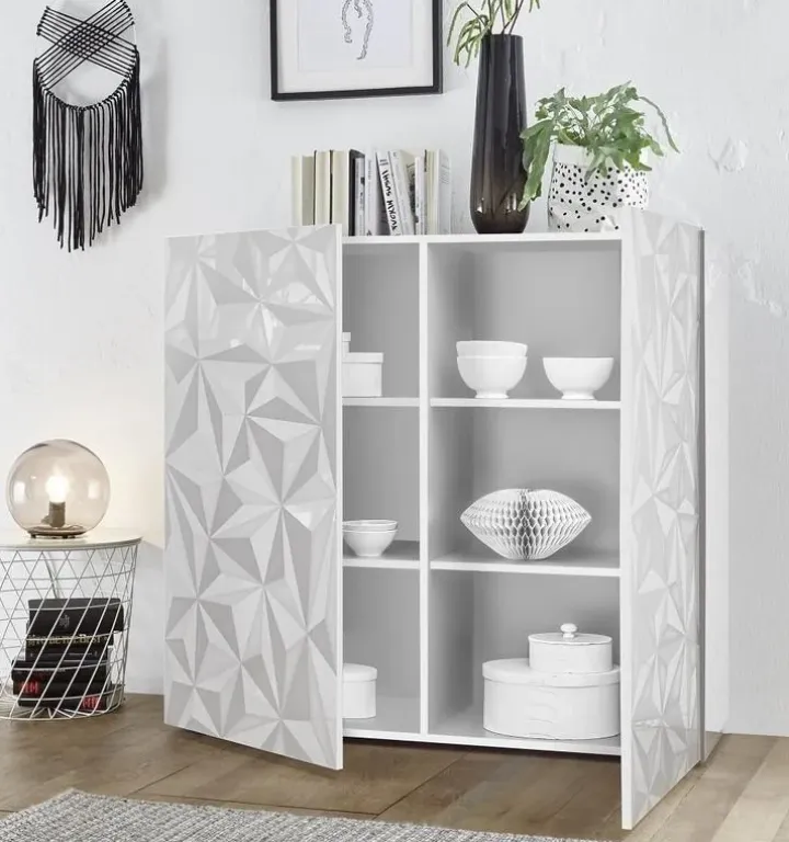 Credenza alta 121x111h cm bianco lucido laccato con serigrafia Marvis