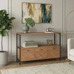 Credenza moderna 122x80h cm 2 ripiani 3 cassetti industrial metallo rovere rustico Loft