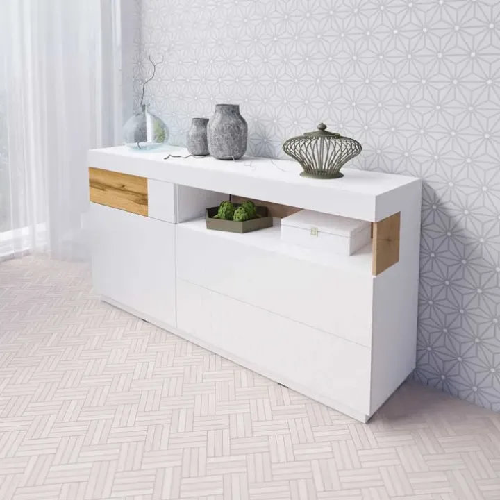 Credenza 169x85h cm 1 anta 3 cassetti bianco lucido rovere Bahama
