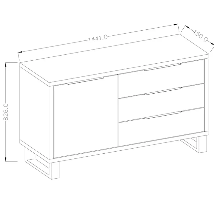 Credenza 144x83h cm 1 anta 3 cassetti moderna quercia nero Petra