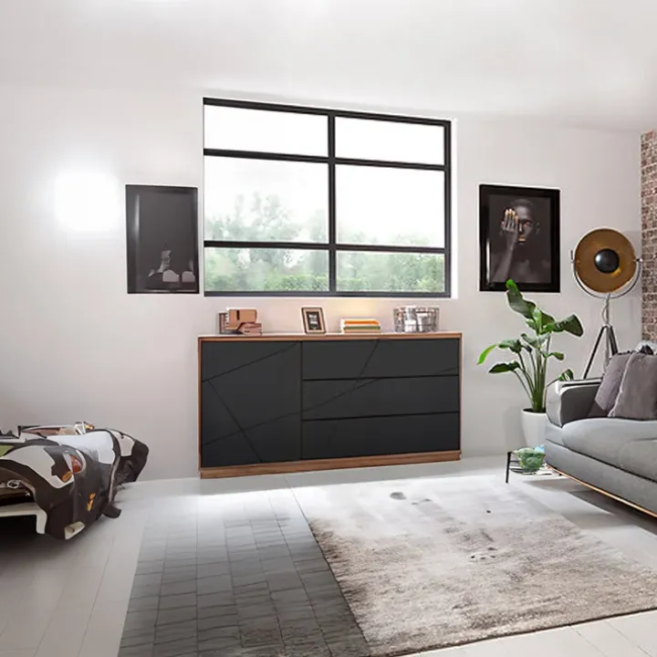 Credenza 156x93h cm 1 anta 3 cassetti rovere scuro nero opaco Elin