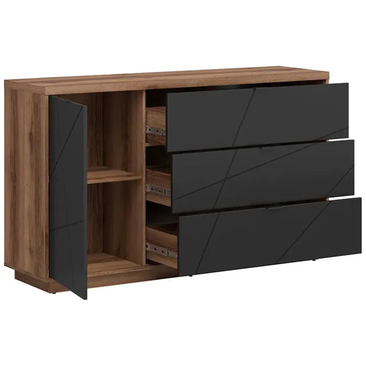 Credenza 156x93h cm 1 anta 3 cassetti rovere scuro nero opaco Elin