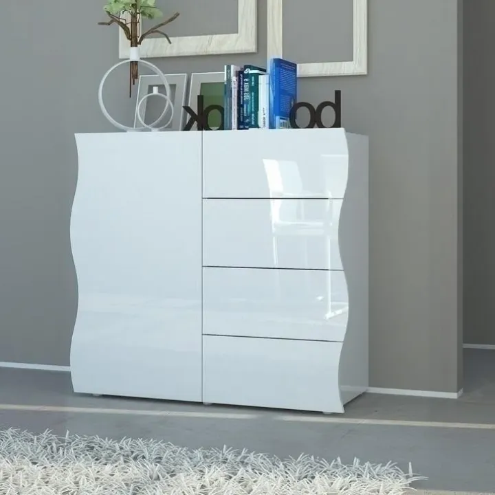 Credenza 90x81h cm 1 anta 4 cassetti soggiorno bianco lucido Sea Gihome®