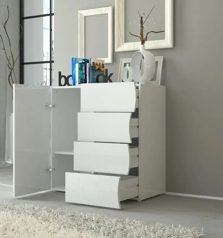 Credenza 90x81h cm 1 anta 4 cassetti soggiorno bianco lucido Sea Gihome®