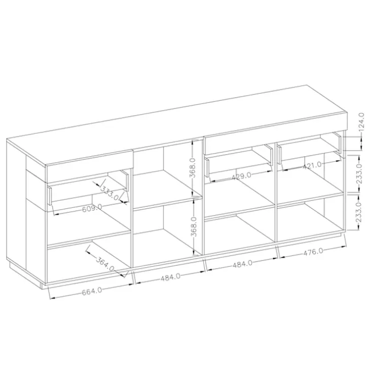 Credenza 219x85h cm 4 ante 2 cassetti bianco lucido rovere Bahama