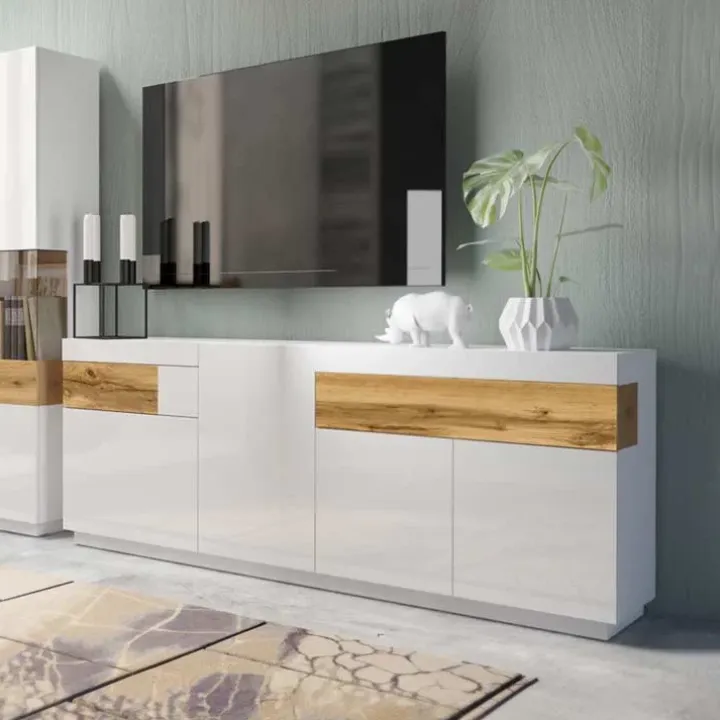 Credenza 219x85h cm 4 ante 2 cassetti bianco lucido rovere Bahama