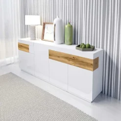 Credenza 219x85h cm 4 ante 2 cassetti bianco lucido rovere Bahama