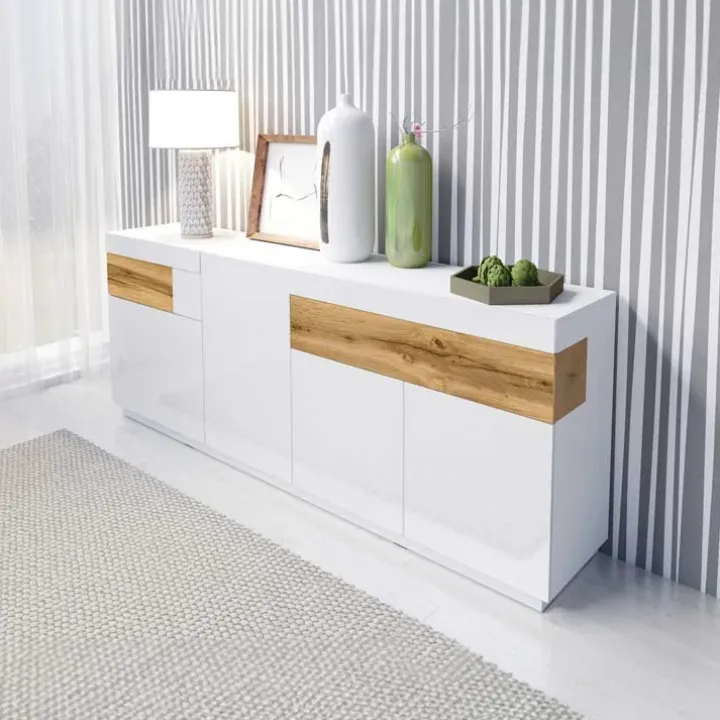 Credenza 219x85h cm 4 ante 2 cassetti bianco lucido rovere Bahama