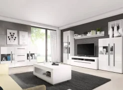 Credenza 180x103h cm 2 ante 3 cassetti con vetrinetta moderna bianco opaco e lucido Maiorca