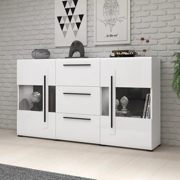 Credenza 180x103h cm 2 ante 3 cassetti con vetrinetta moderna bianco opaco e lucido Maiorca