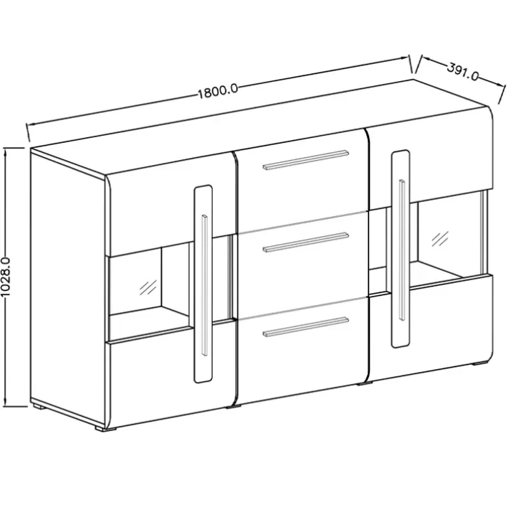 Credenza 180x103h cm 2 ante 3 cassetti con vetrinetta moderna bianco opaco e lucido Maiorca