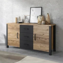 Credenza 147x79h cm 2 ante 3 cassetti moderna quercia nero opaco Nebraska