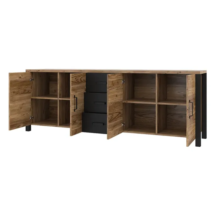 Credenza 220x79h cm 4 ante 3 cassetti moderna quercia nero opaco Nebraska