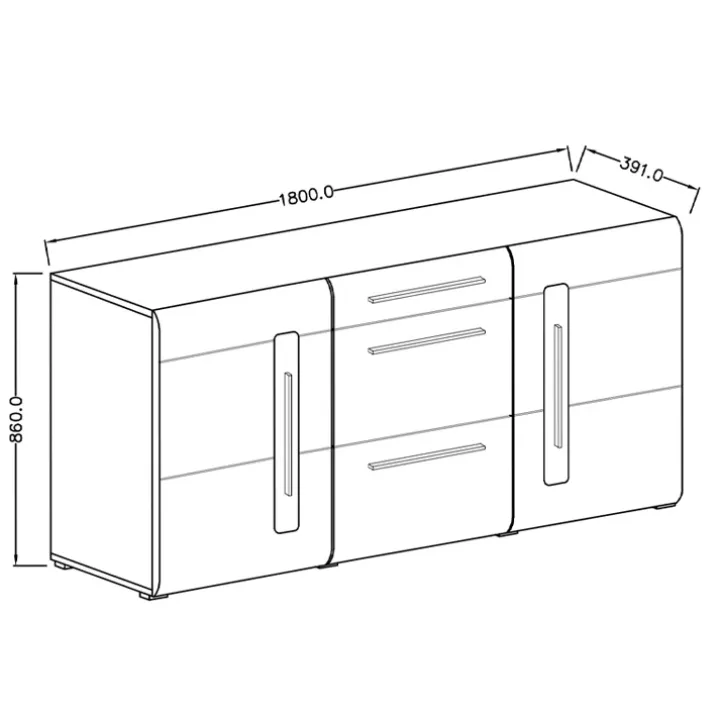 Credenza 180x86h cm 2 ante 3 cassetti moderna rovere nero Maiorca
