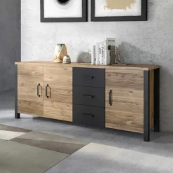 Credenza 192x79h cm 3 ante 3 cassetti moderna quercia nero opaco Nebraska