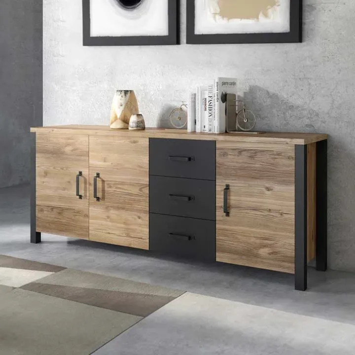 Credenza 192x79h cm 3 ante 3 cassetti moderna quercia nero opaco Nebraska